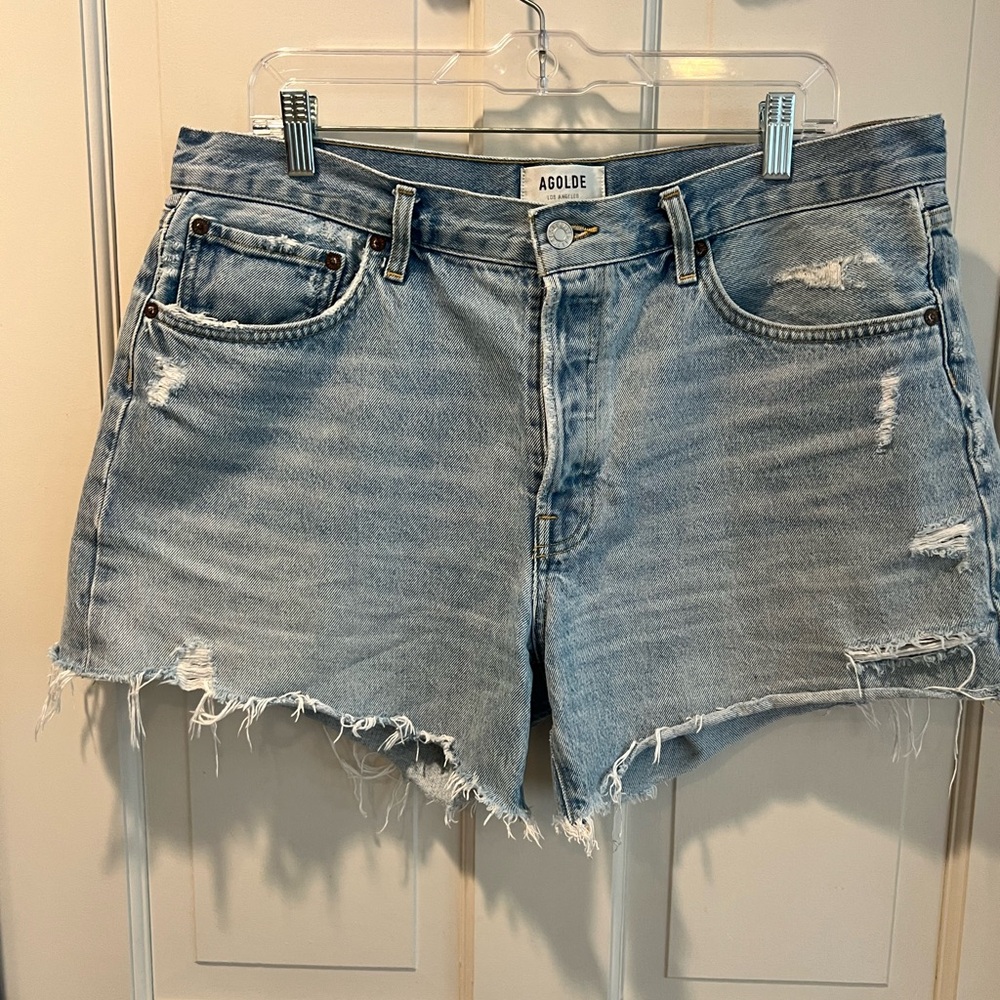 AGOLDE Women's Distressed Denim Shorts - Light Blue
